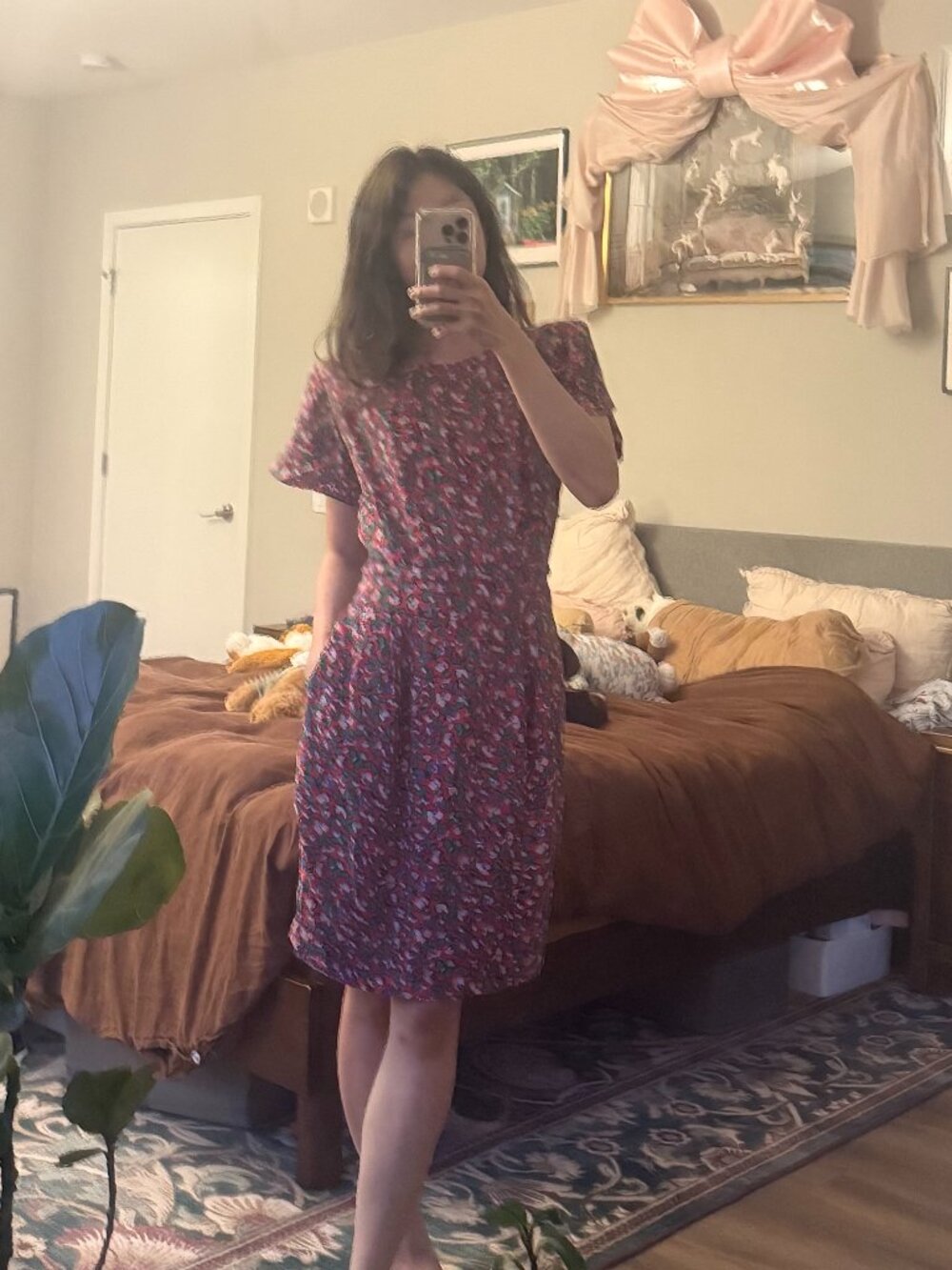 Vintage handmade silk floral midi dress with short sleeves